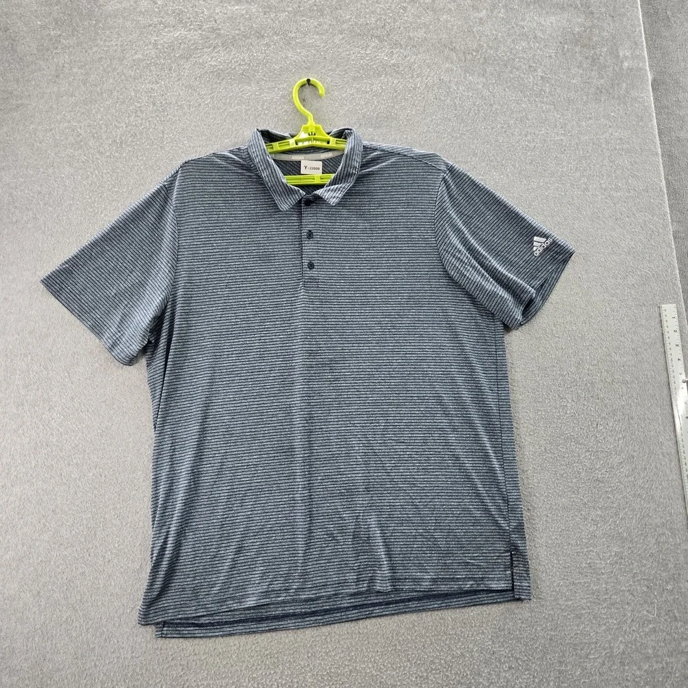 Adidas Men Polo 2XL Blue Striped Golf Logo Button Short‎ Sleeve